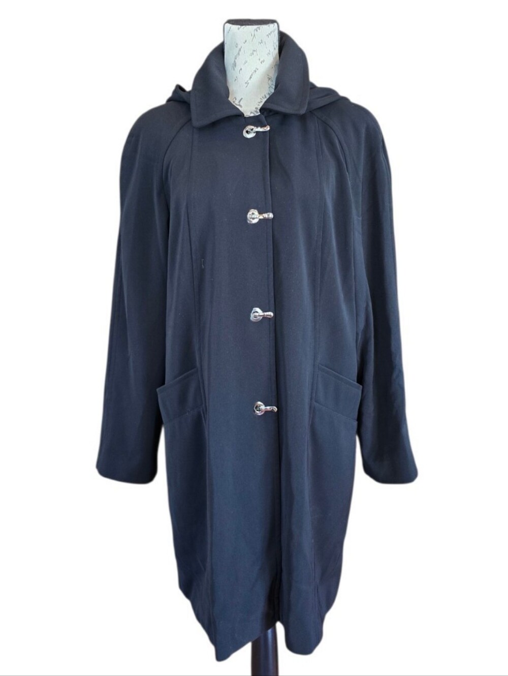 London Fog Mid Length Hooded Black Trench Coat L